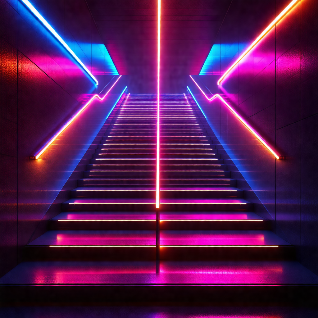 Staircase with a brightly lit, colorful lighting system