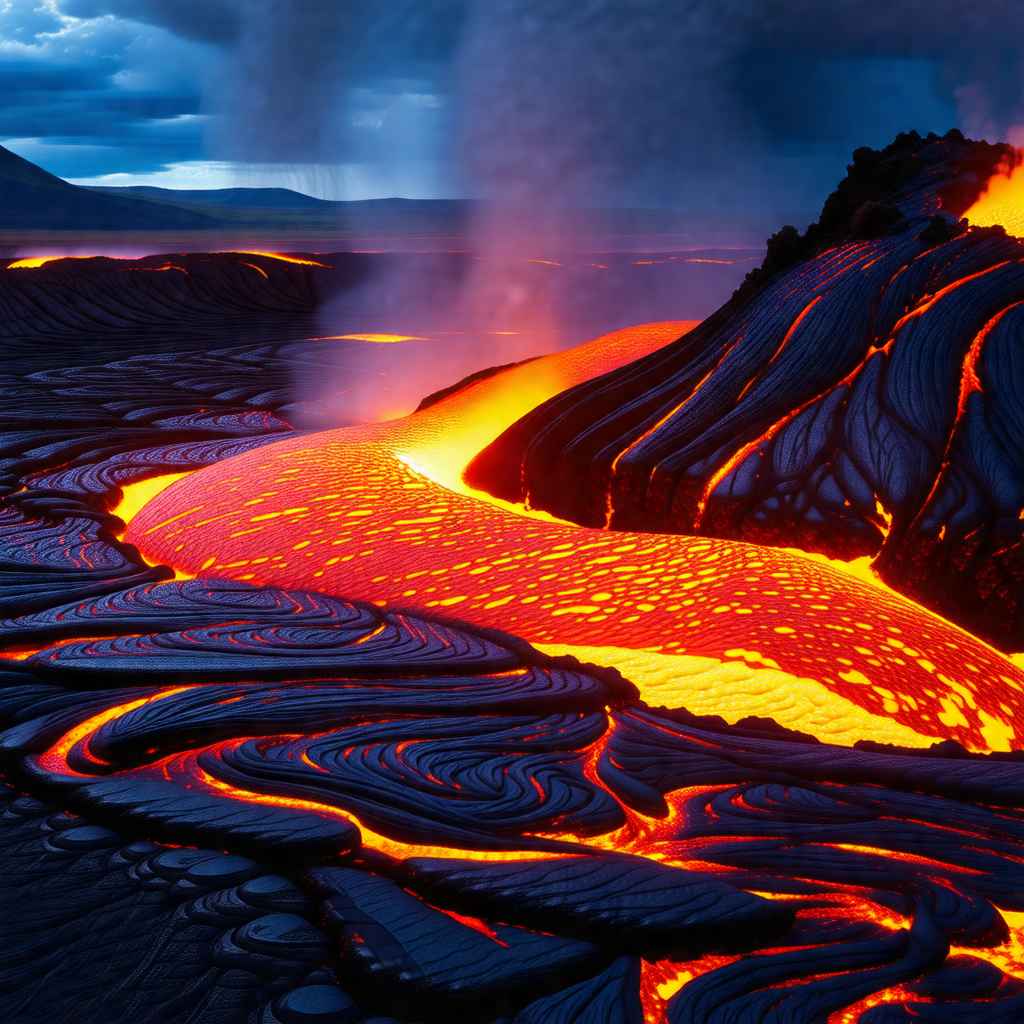 Large, red, and orange lava flow, with a few clouds in th...