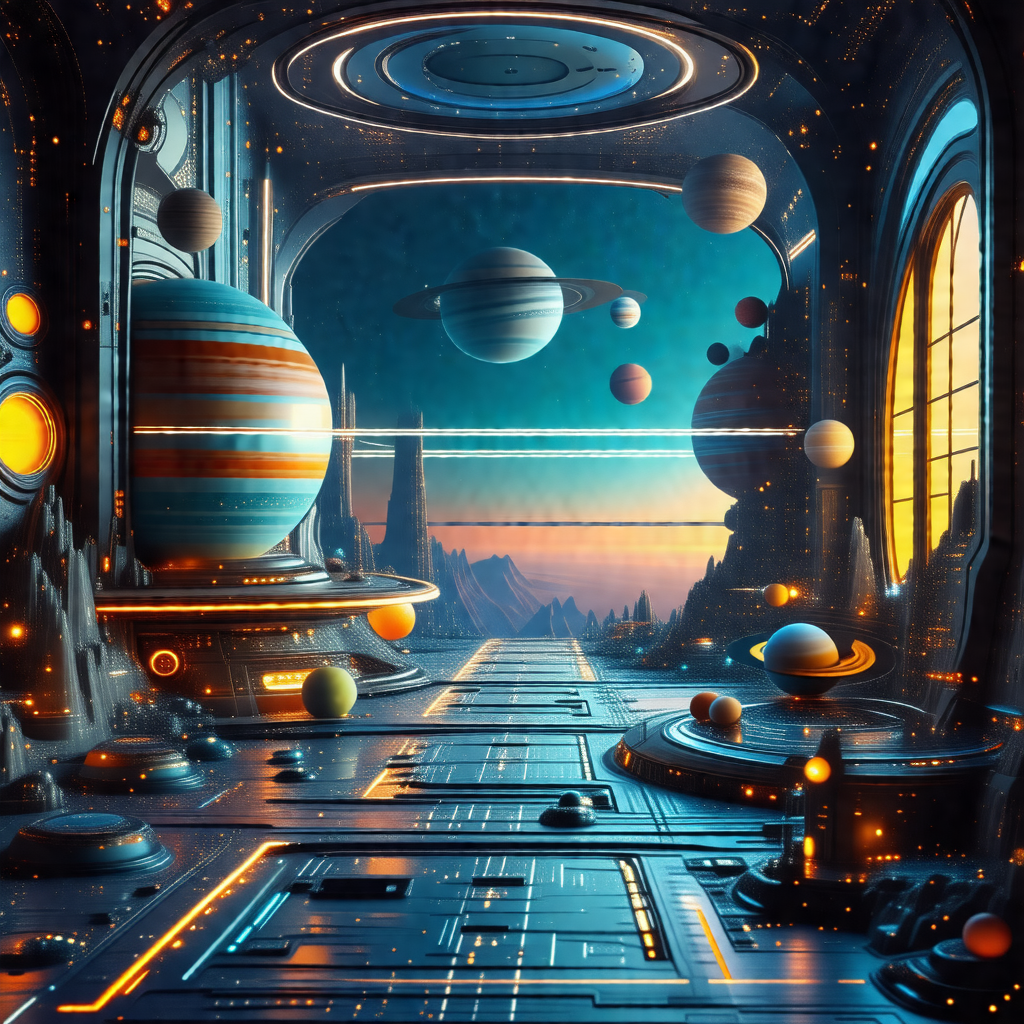 Futuristic, computer-generated scene featuring a large, o...