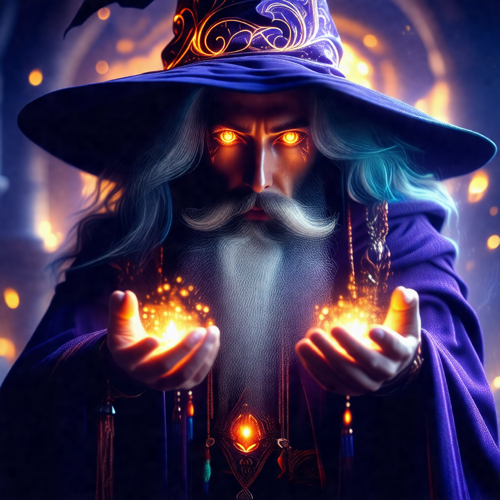 Wizard with a long white beard, wearing a blue hat and a ...