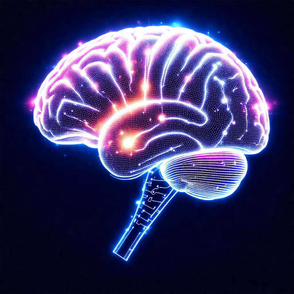 Close-up of a human brain, with a blue light illuminating...
