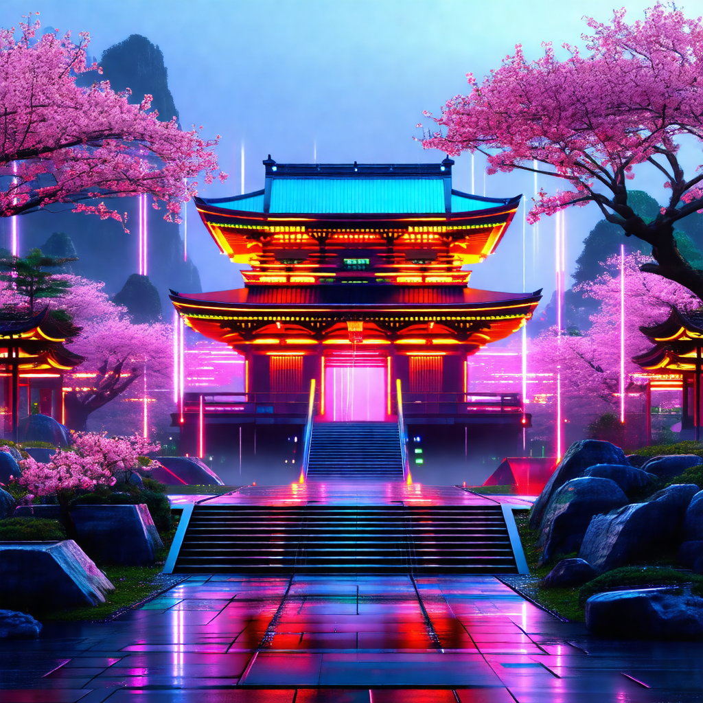 Digital painting of a chinese palace with a large, ornate...