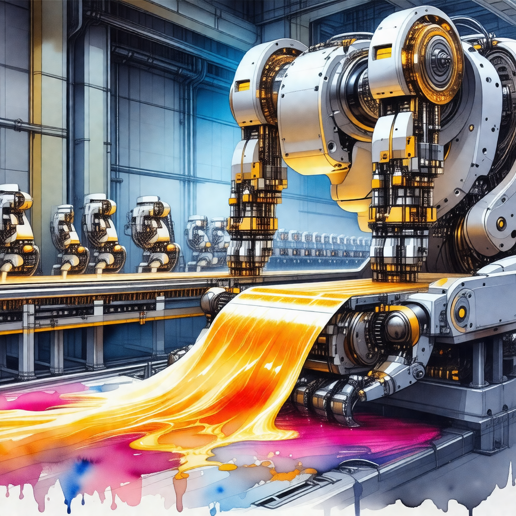 Colorful, computer-generated illustration of a factory wi...
