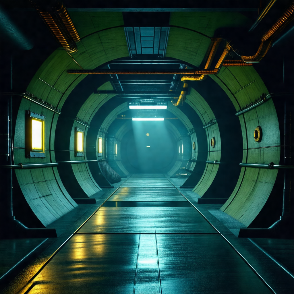 Large, dark tunnel with a train running through it