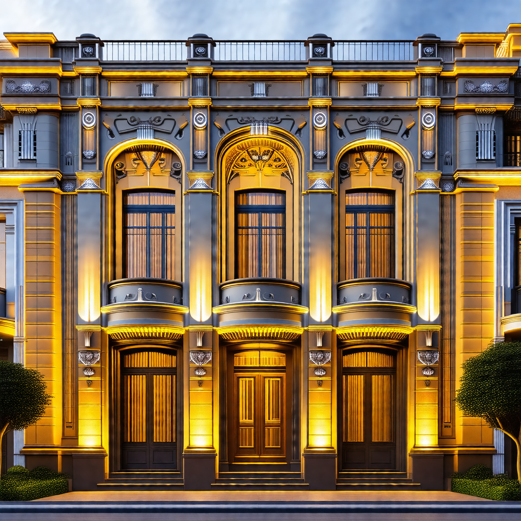 Large, ornate building with a yellow glow