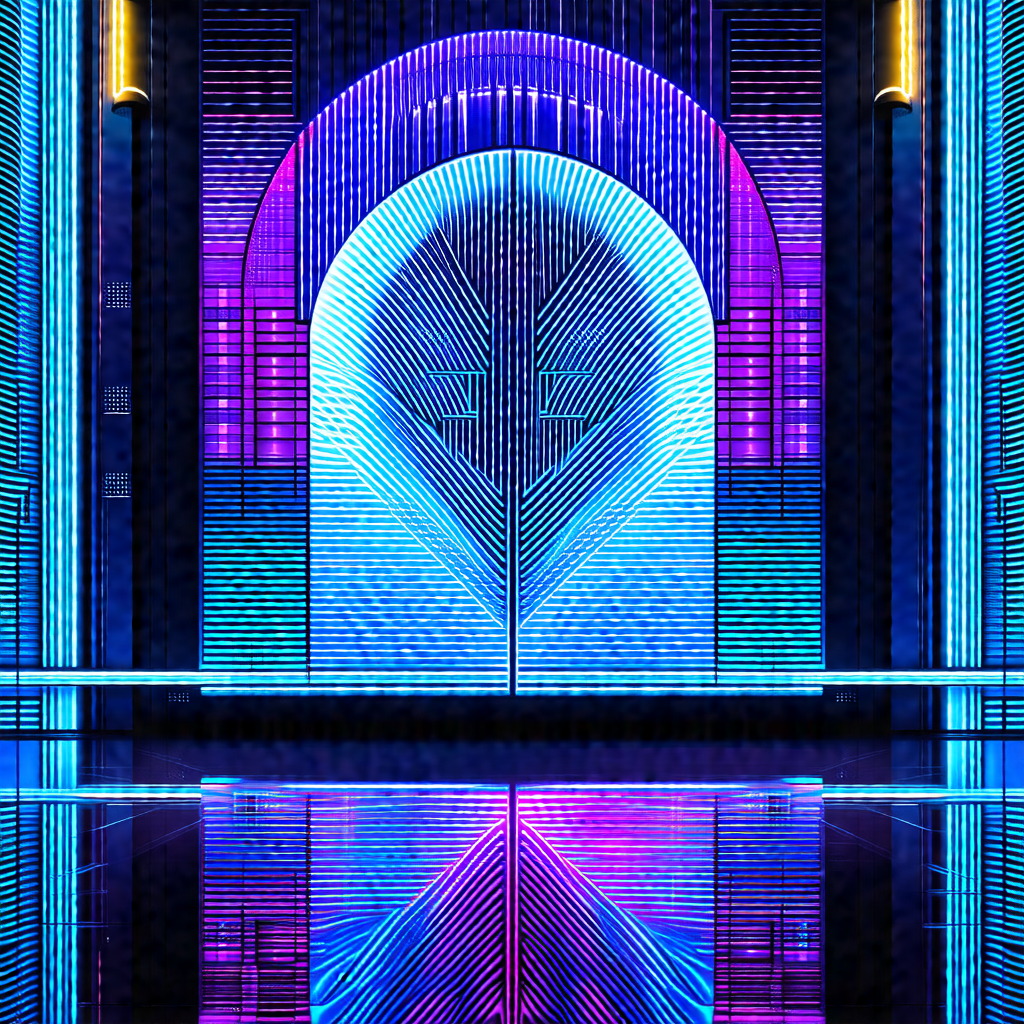 Large, colorful doorway with a purple and blue light illu...