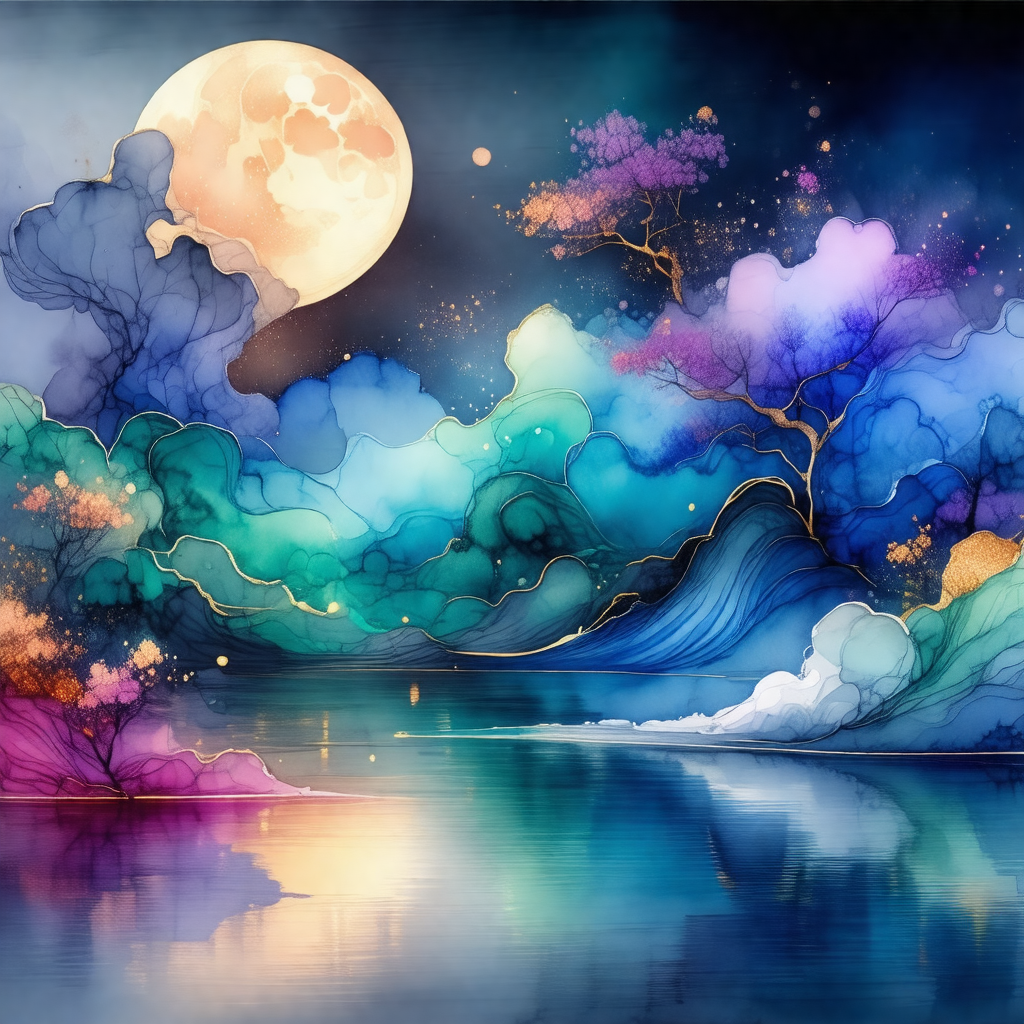 Beautifully painted watercolor painting of a moonlit nigh...