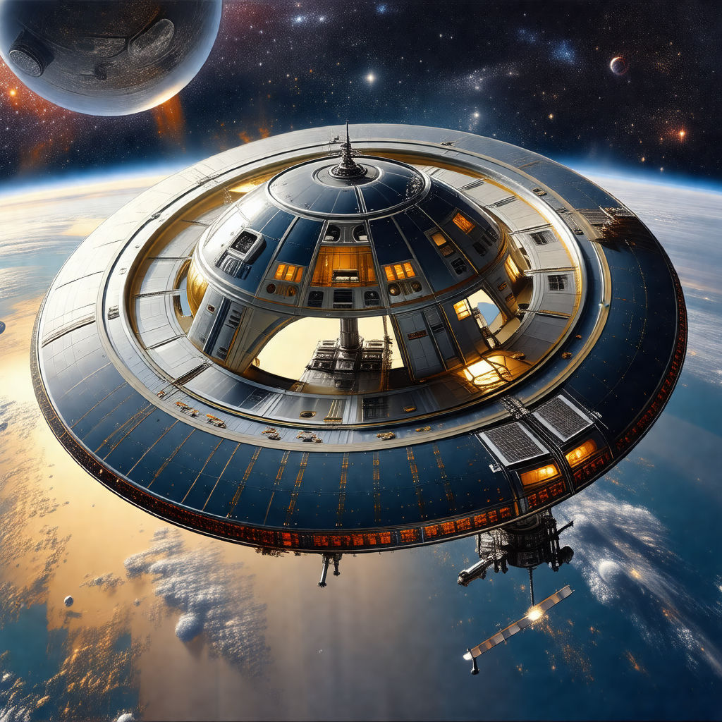 Large, futuristic spacecraft with a dome-shaped structure