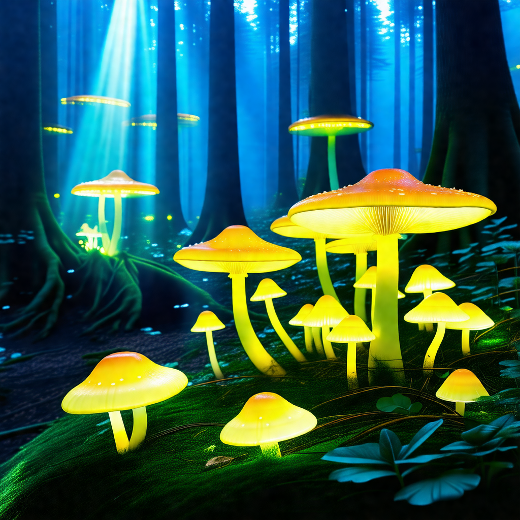 Forest filled with a variety of mushrooms, some of which ...