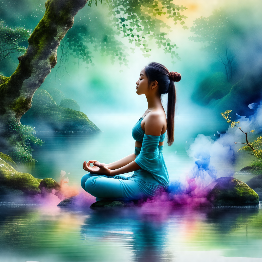 Woman sitting on a rock in a serene environment