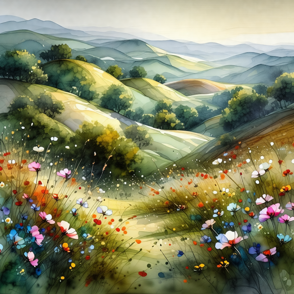 Painting of a beautiful, lush green hillside with a field...