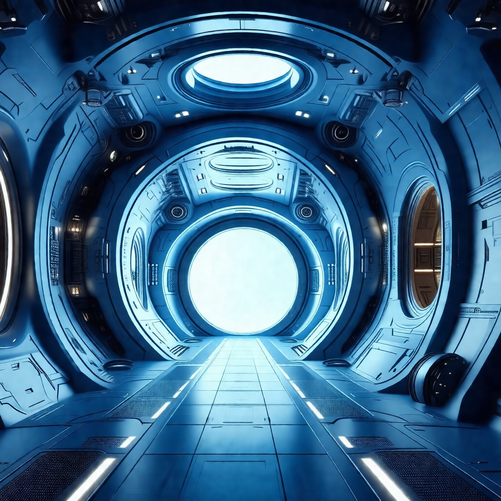 Futuristic scene of a large, blue, circular room with a t...