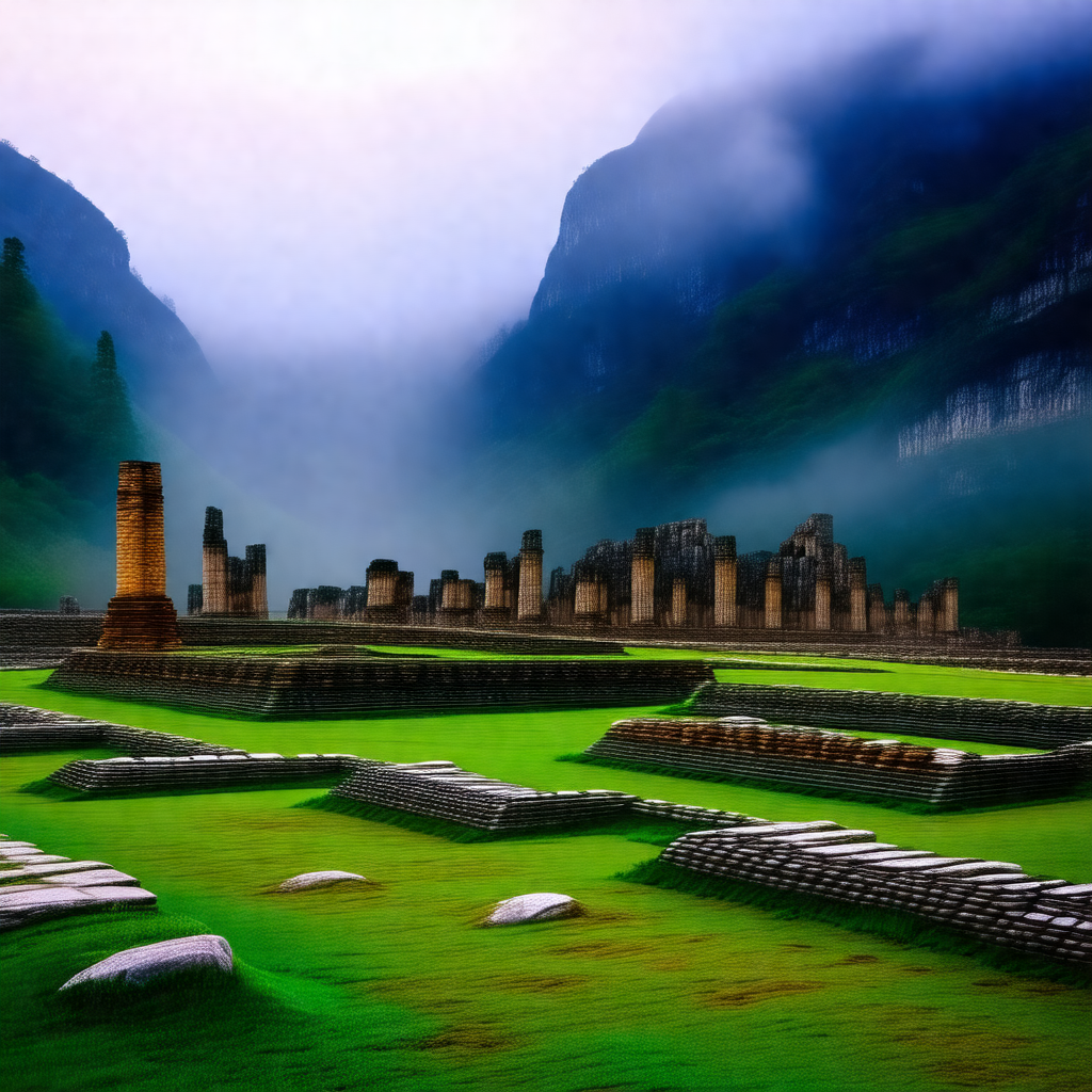 Lush green field with a large stone structure in the back...