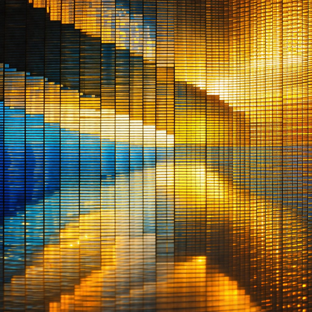 Large, multi-colored glass wall with a yellowish hue