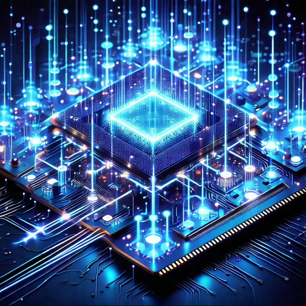 Close-up of a computer chip with a blue glow surrounding it