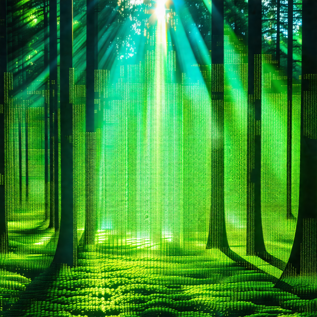 Forest with a bright sun shining through the trees