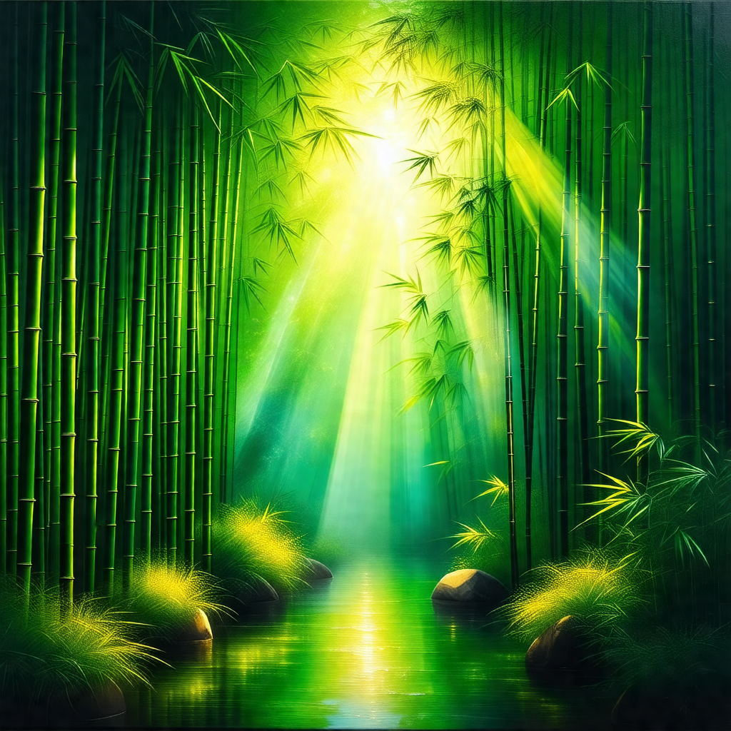 Serene scene of a river surrounded by lush green bamboo t...