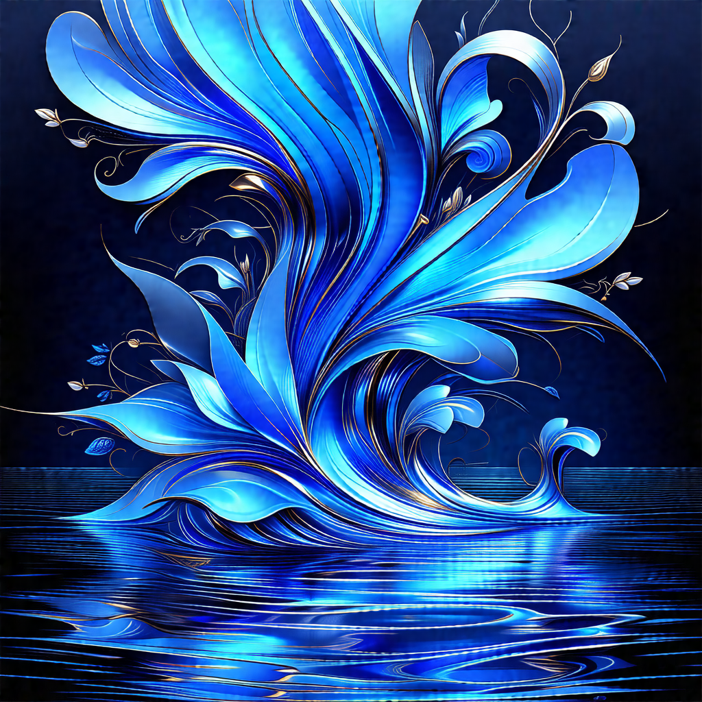 Large, blue, flowing waterfall with a blue and gold design