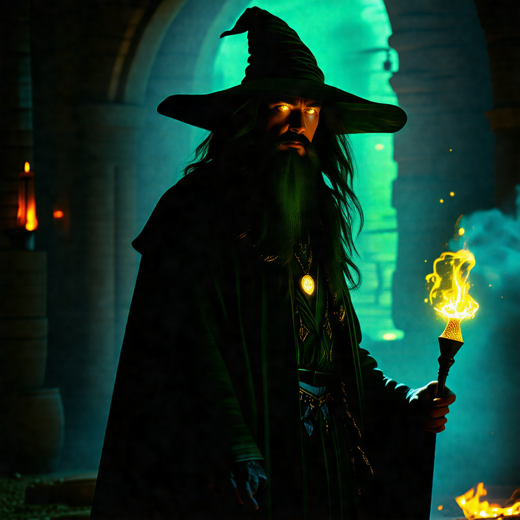 Man dressed in a wizard's outfit, complete with a green h...