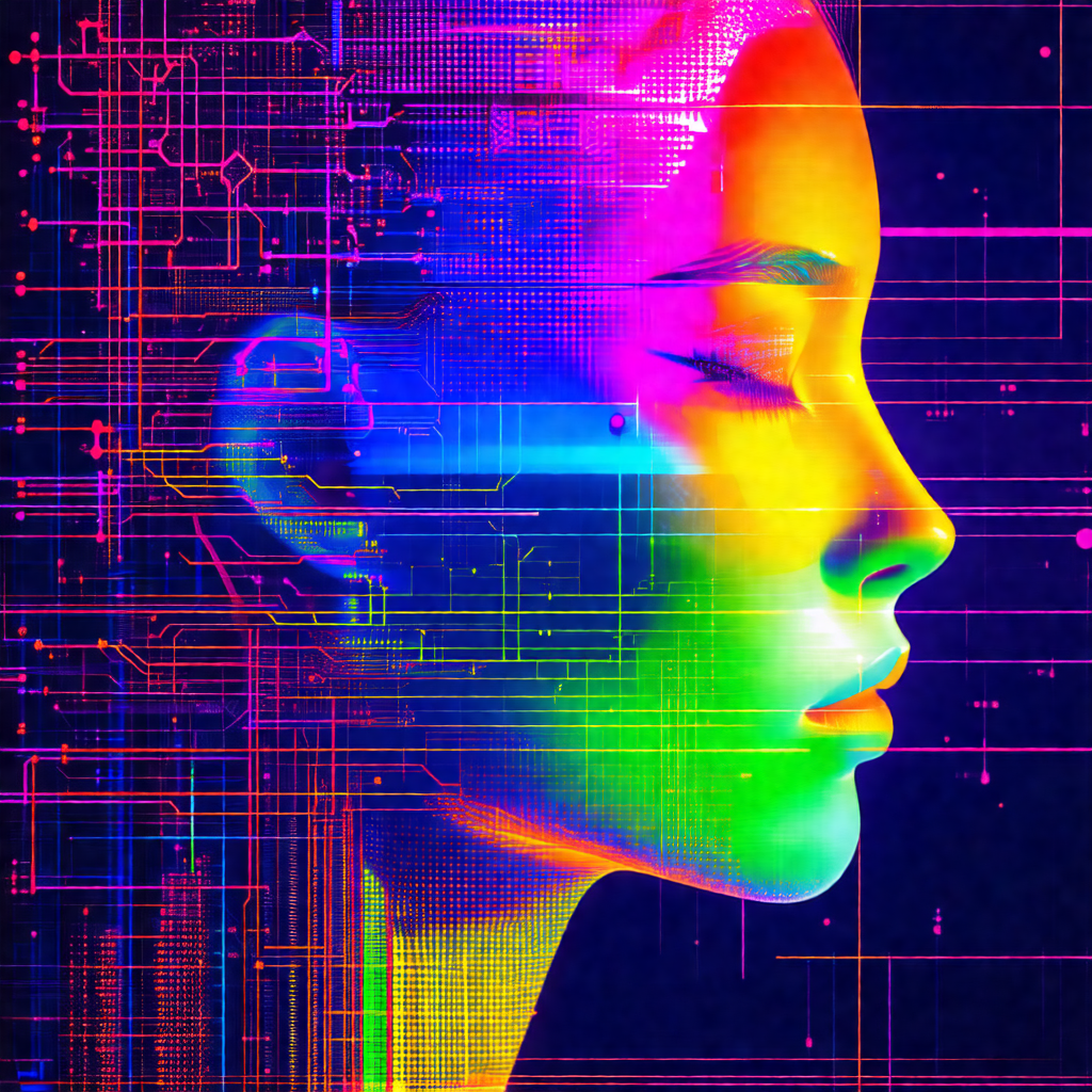 Close-up of a person's face, with a vibrant and colorful ...