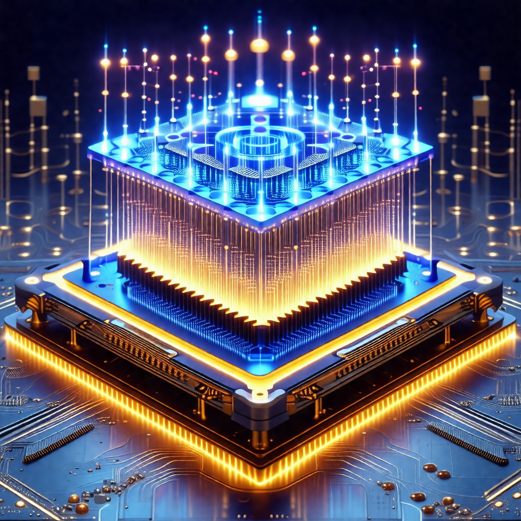 Futuristic, blue and yellow computer circuit board with a...