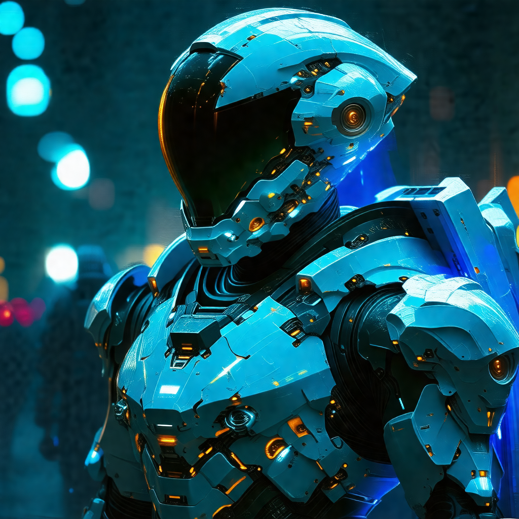 Futuristic robot with a blue helmet, standing in a dark e...