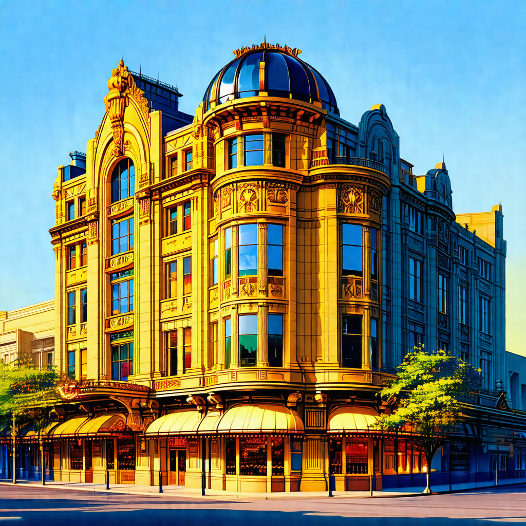 Colorful drawing of a large, ornate building with a gold ...