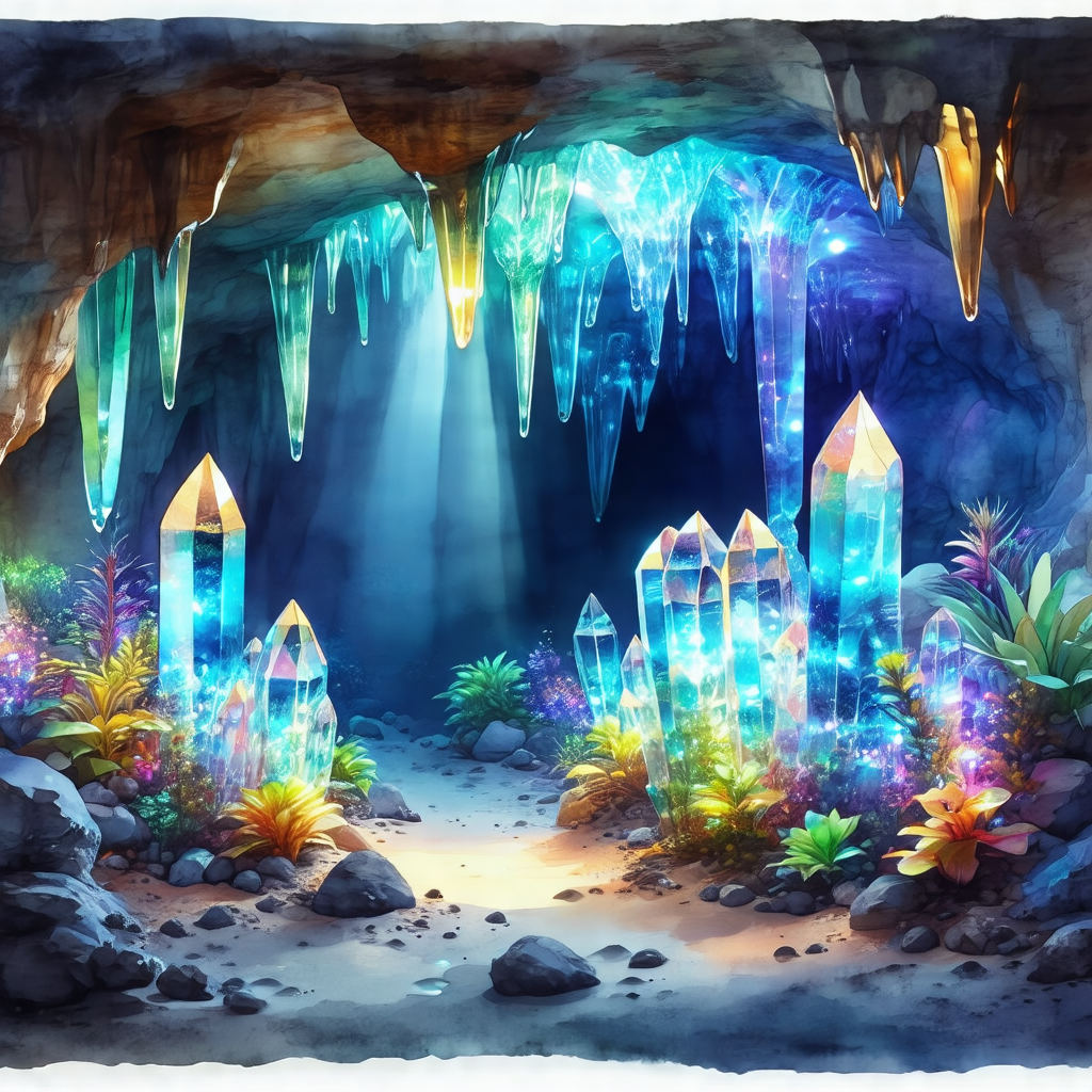 Cartoon-like drawing of a cave with a blue light illumina...