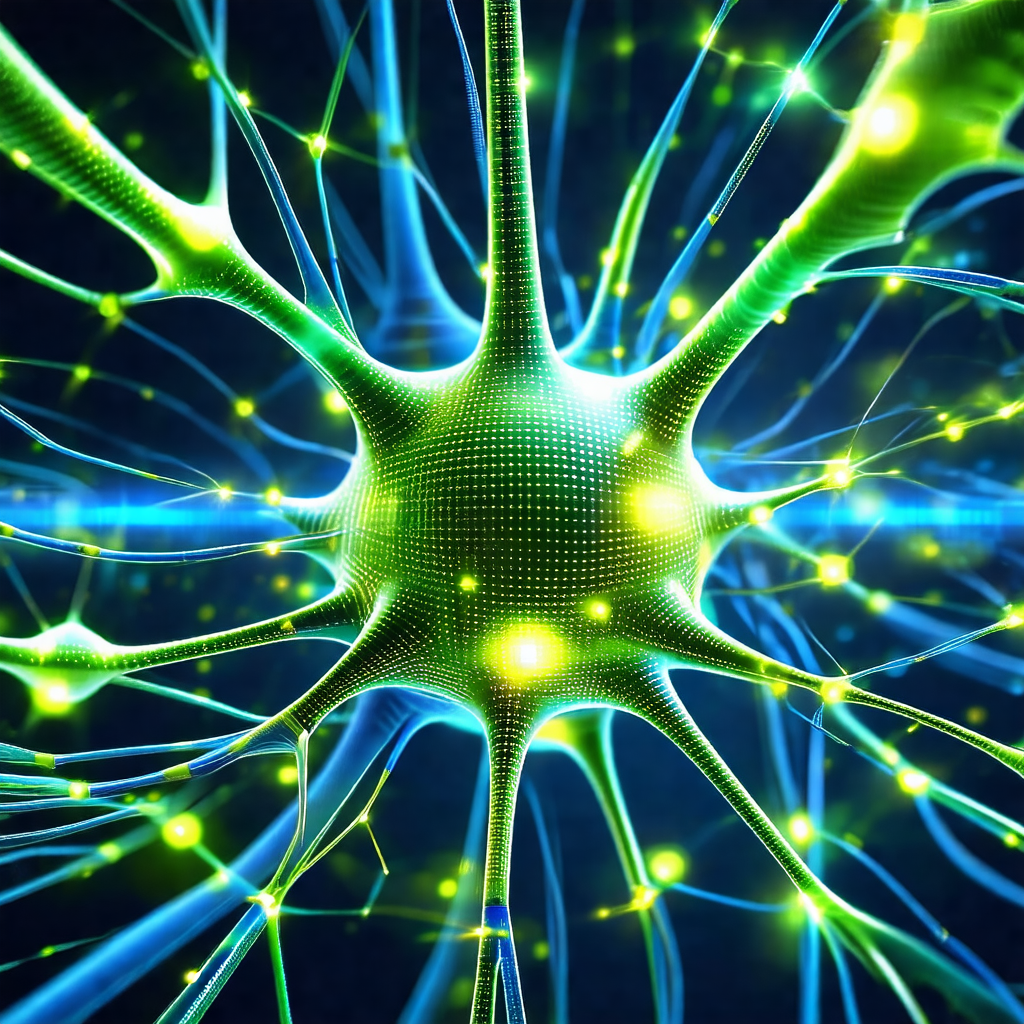 Close-up of a green and blue neurotic cell, which appears...
