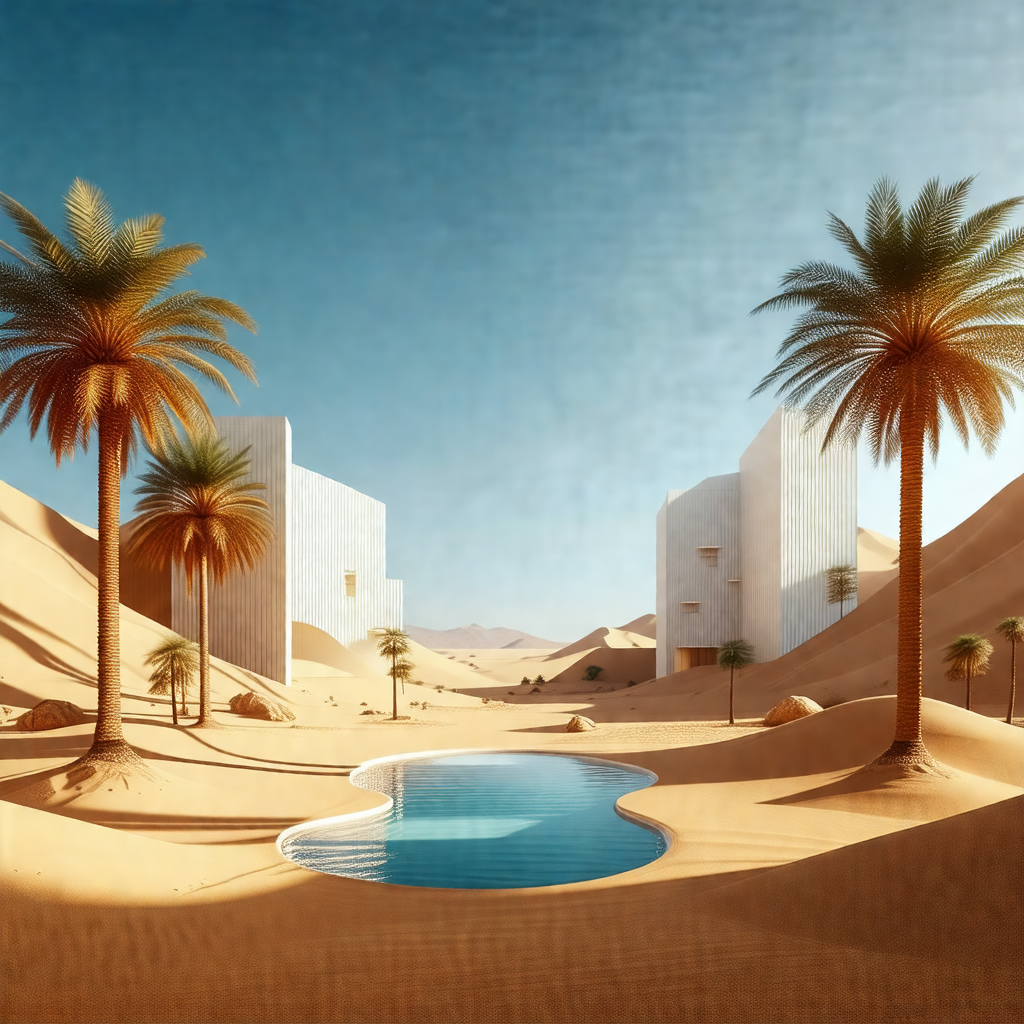 Desert landscape with a large body of water, possibly a l...