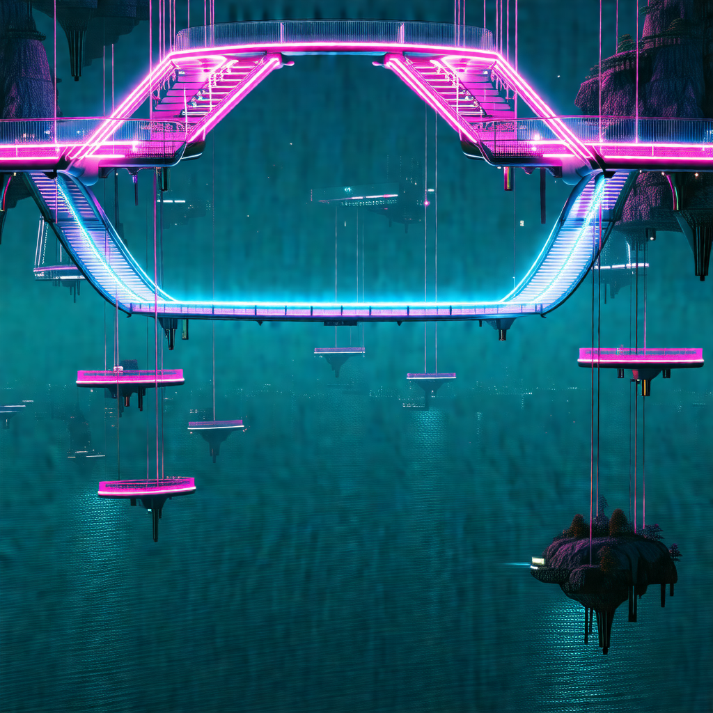 Futuristic scene with a large, colorful bridge suspended ...