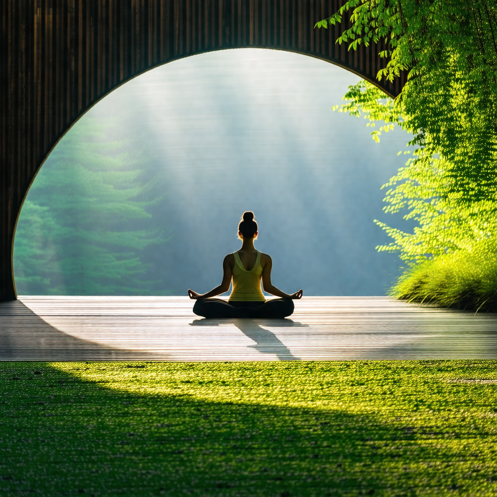 Woman sitting in a lotus position on a wooden platform