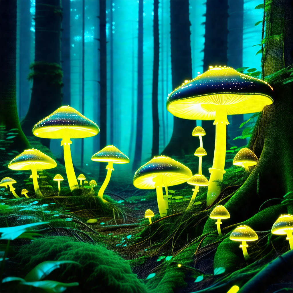 Forest with a group of glowing mushrooms scattered throug...