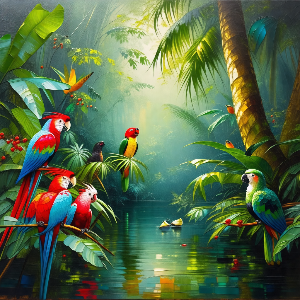 Lush green forest with a group of colorful birds perched ...