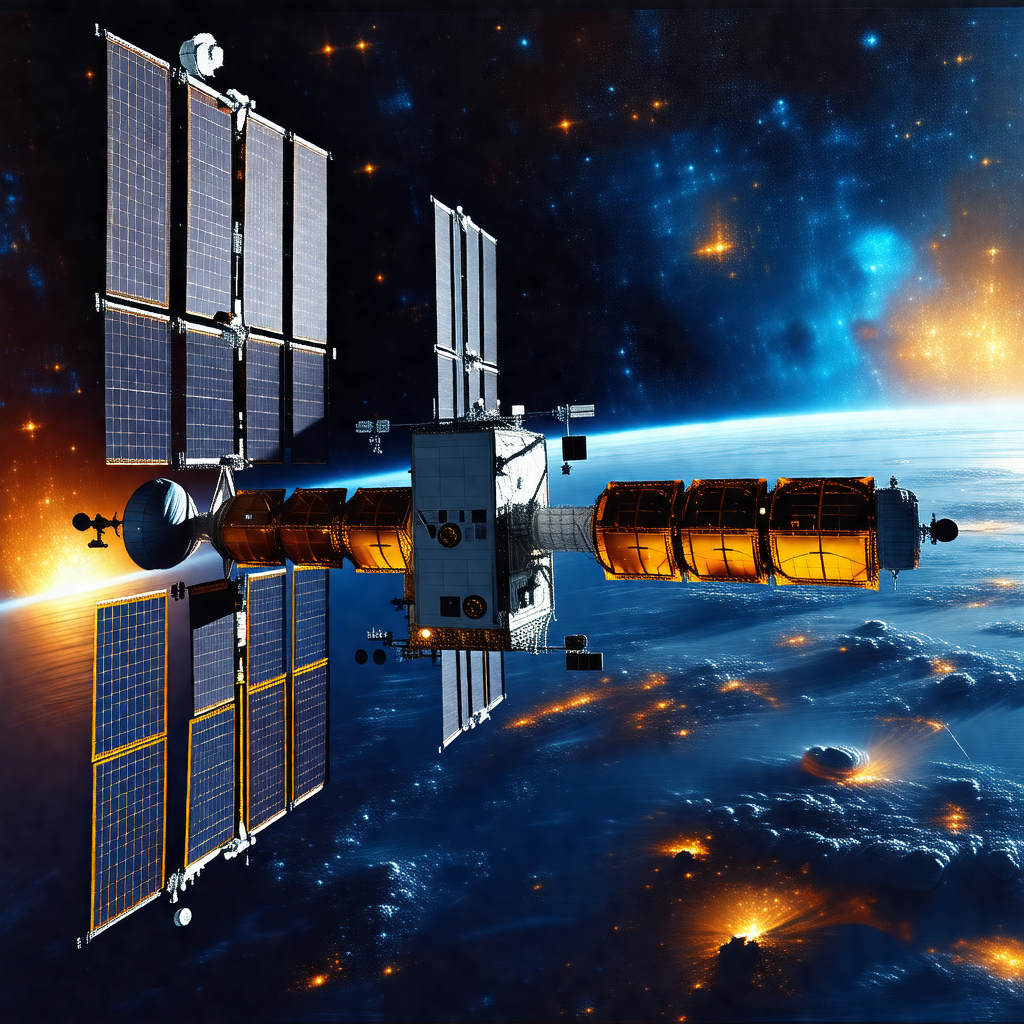 Spacecraft with a large satellite dish on its side, flyin...
