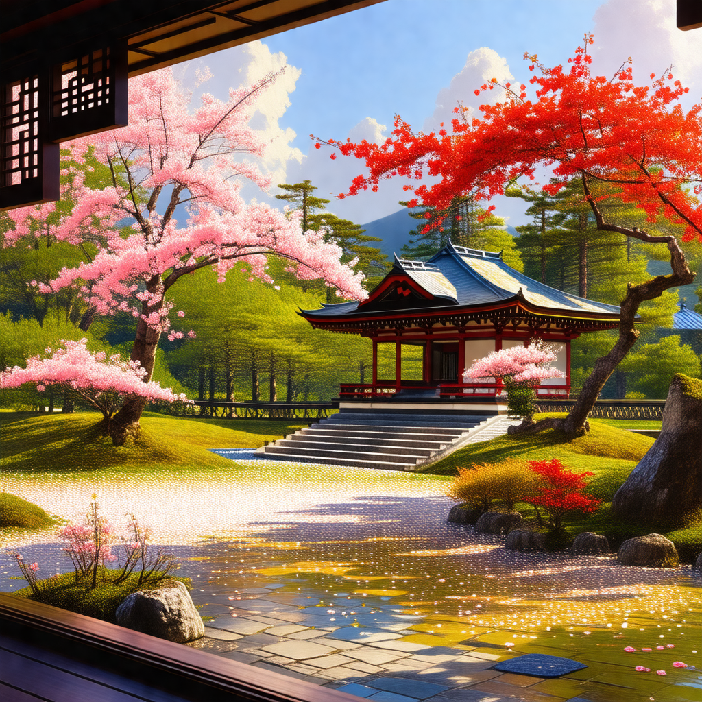 Painting of a japanese garden with a pagoda in the backgr...