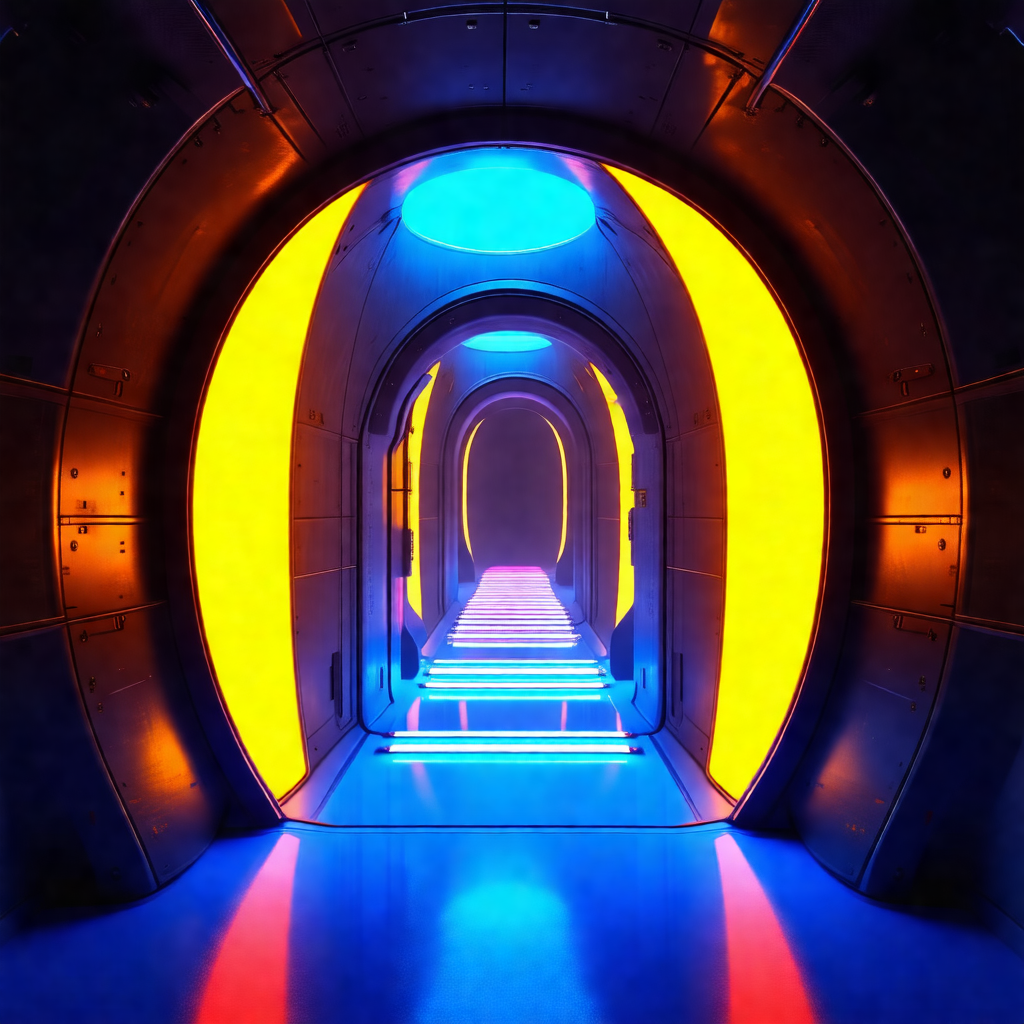 Long, narrow hallway with a blue light illuminating the s...