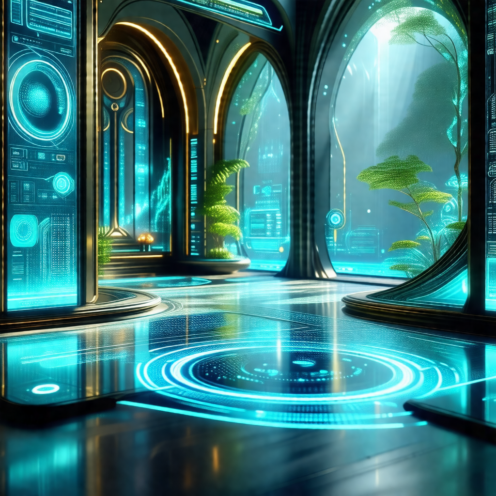 Futuristic room with a blue and green color scheme