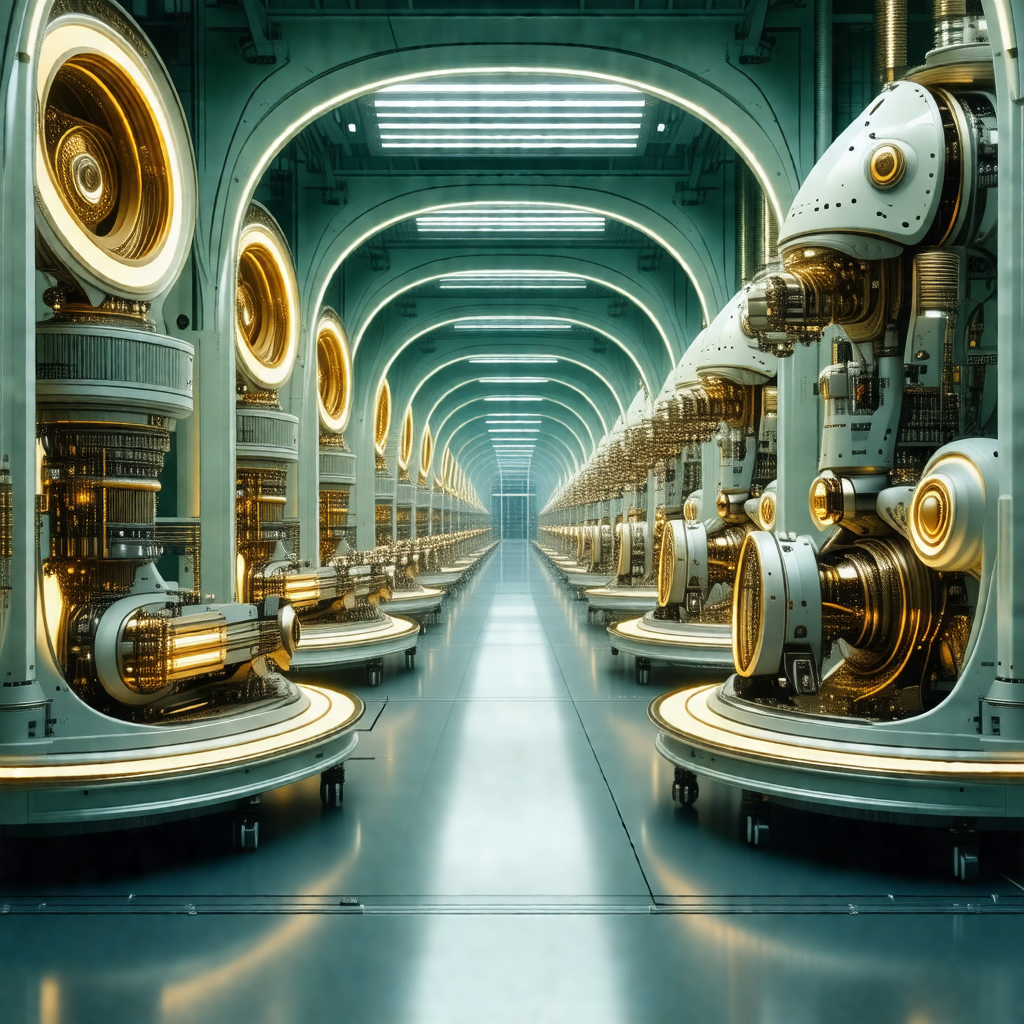 Large factory with a long, narrow hallway filled with num...