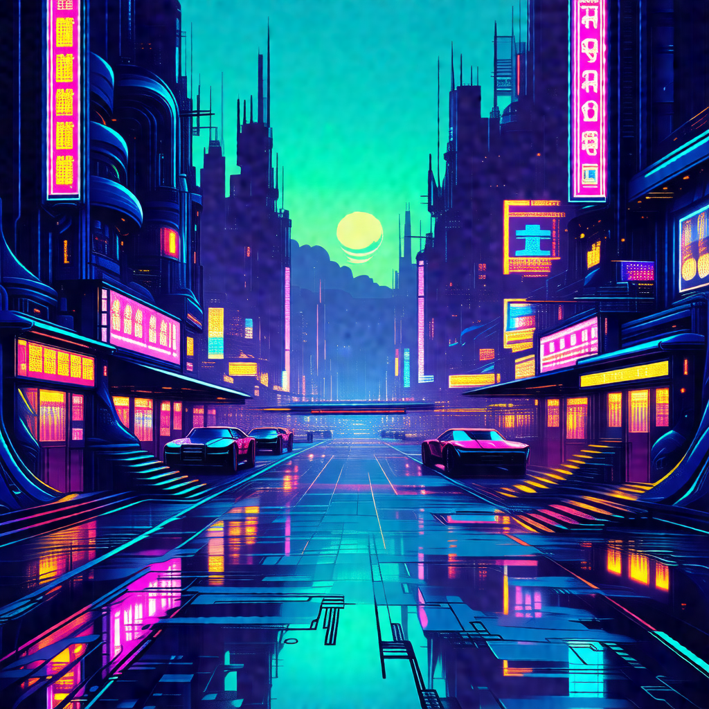 Futuristic cityscape with a rain-soaked street