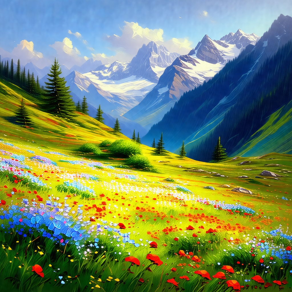 Beautiful, lush green field with a mountain range in the ...