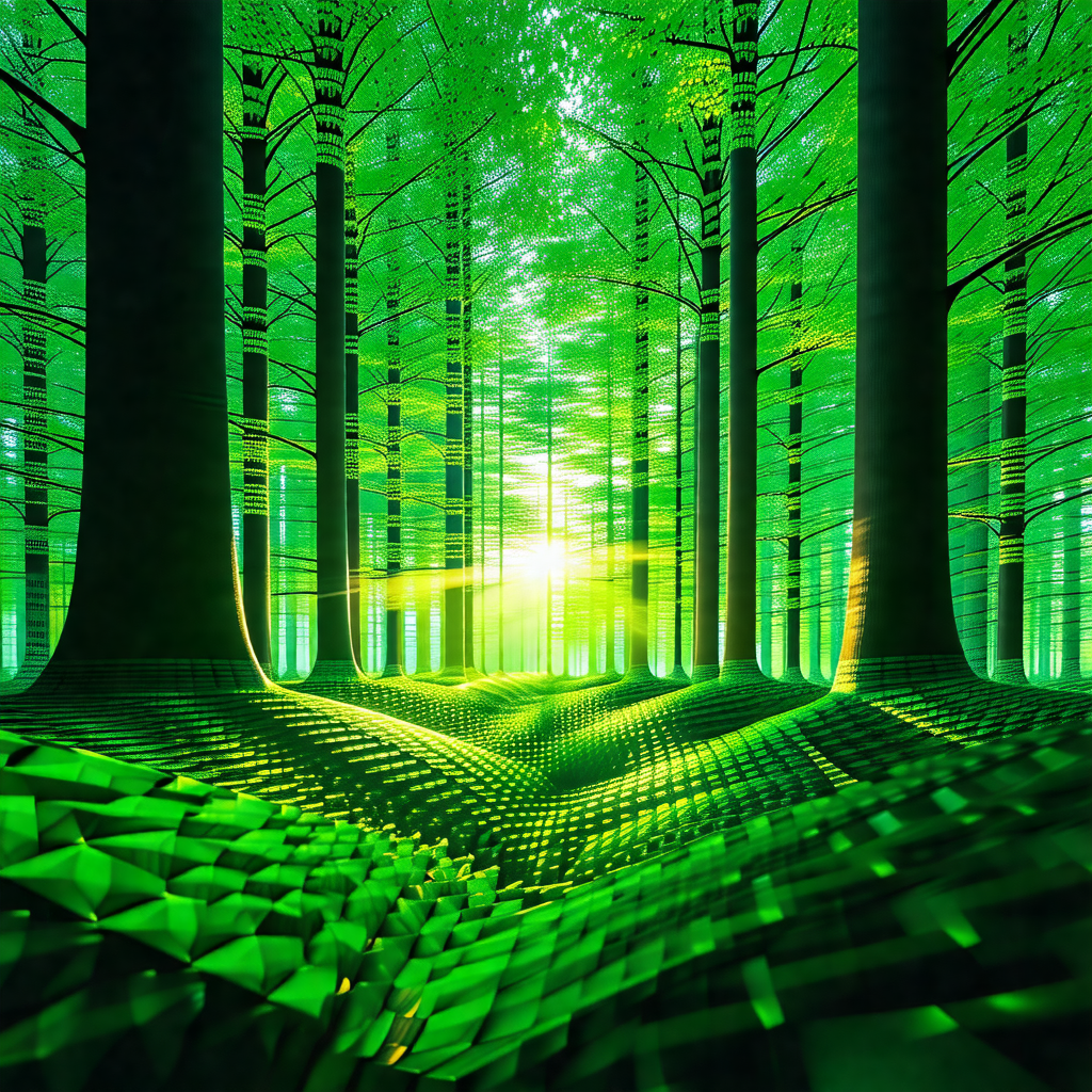 3d rendering of a forest with a bright sun shining throug...
