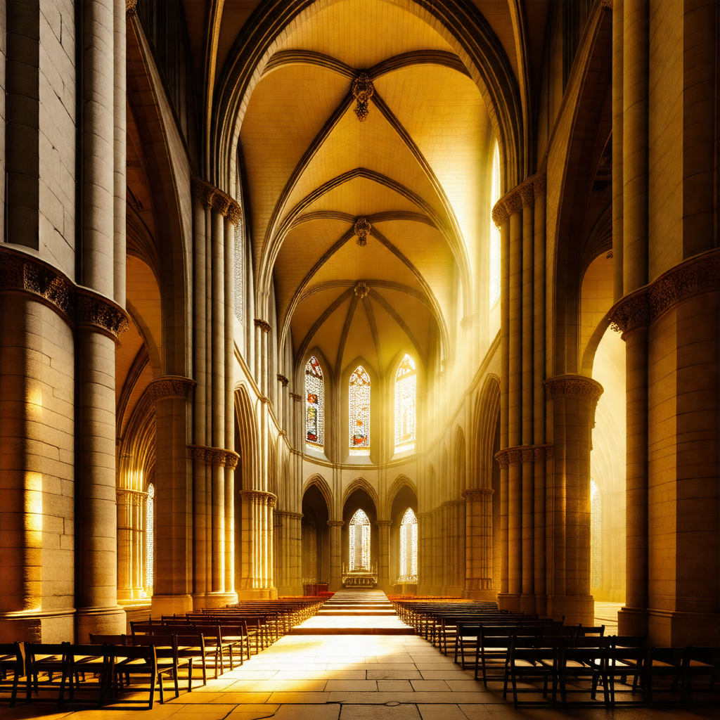 Large, ornate cathedral with a long, narrow aisle