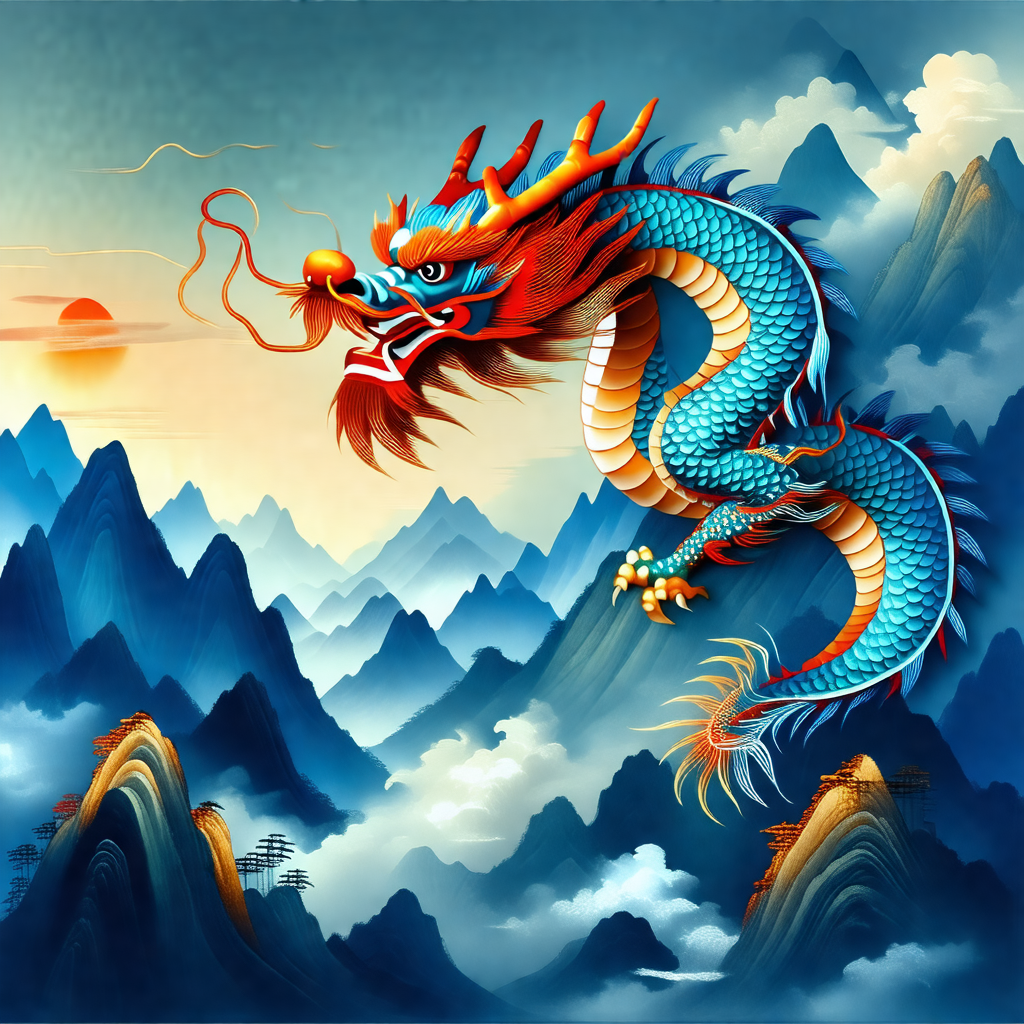 Large, colorful dragon with a red and blue body, flying t...