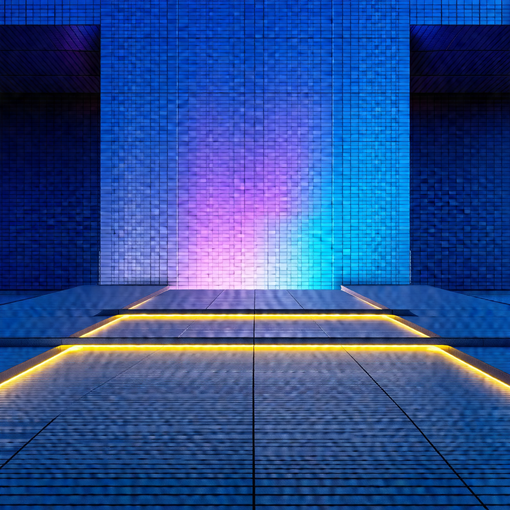 Blue room with a long, narrow pathway leading to a door