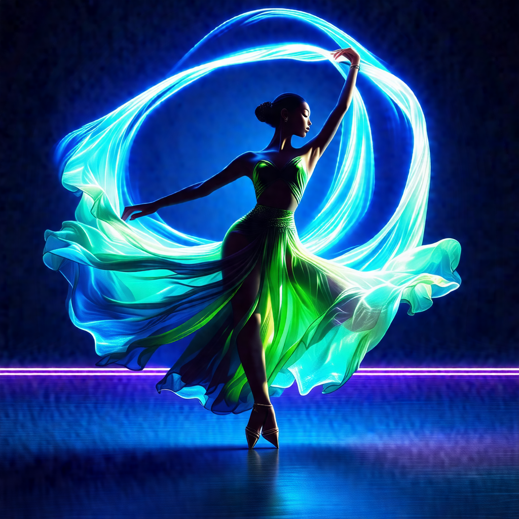 Woman in a green dress, dancing on a stage