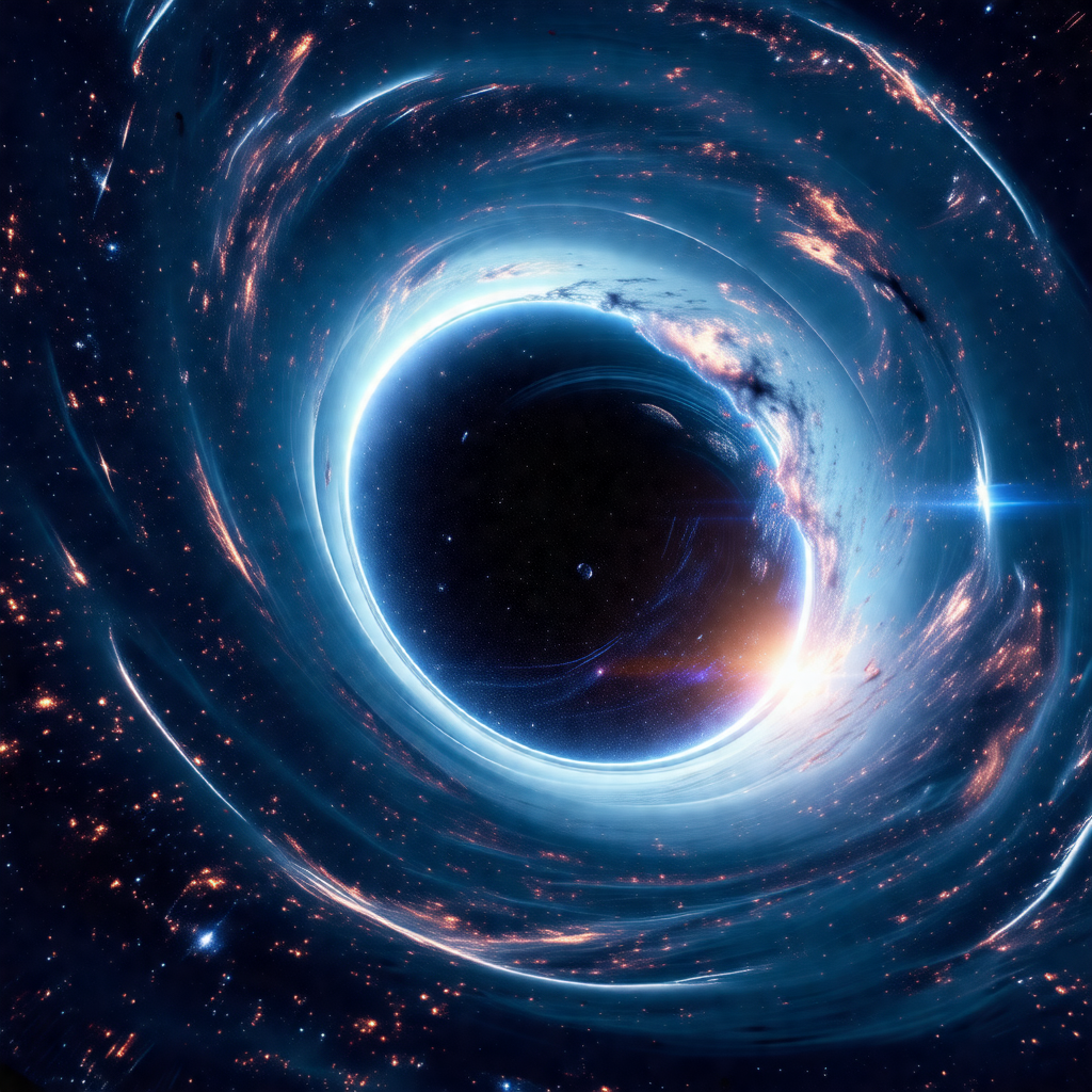 Large, dark, and swirling space with a bright, blue, and ...