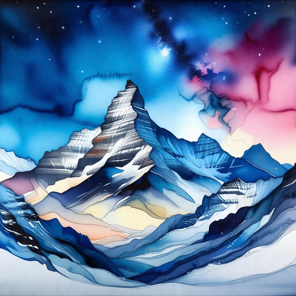 Painting of a mountain range with a blue sky above