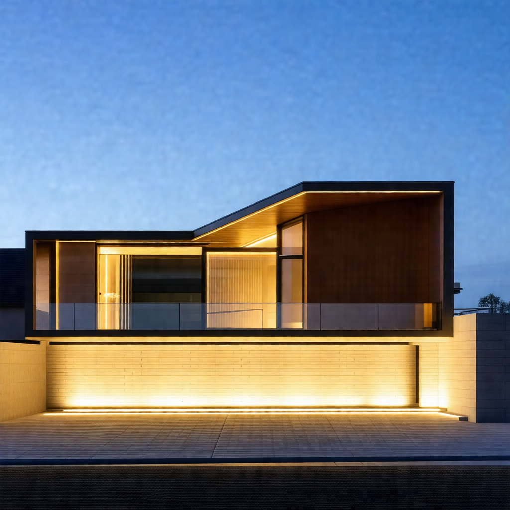 Large, modern-looking house with a glass wall