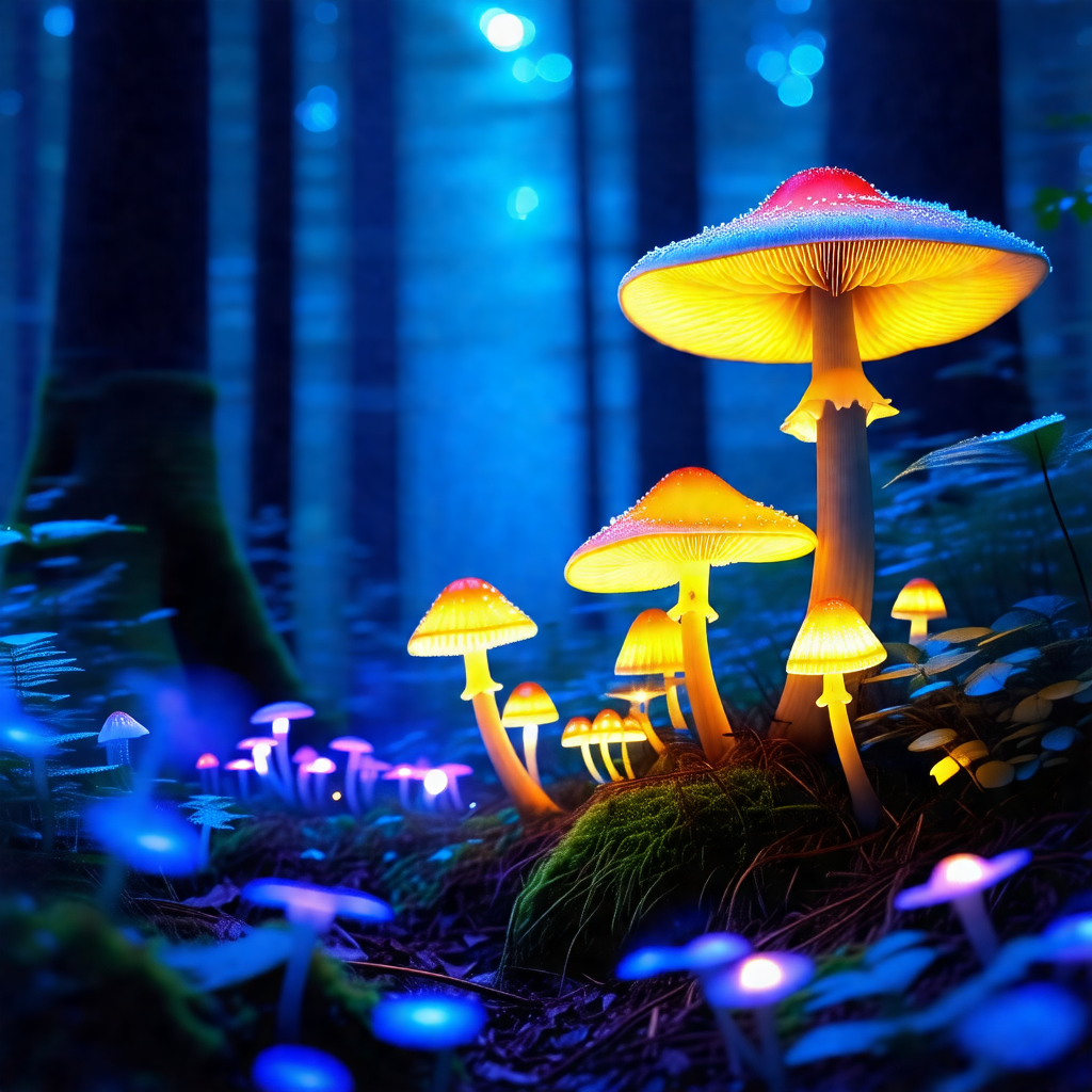 Forest with a group of mushrooms growing on the ground